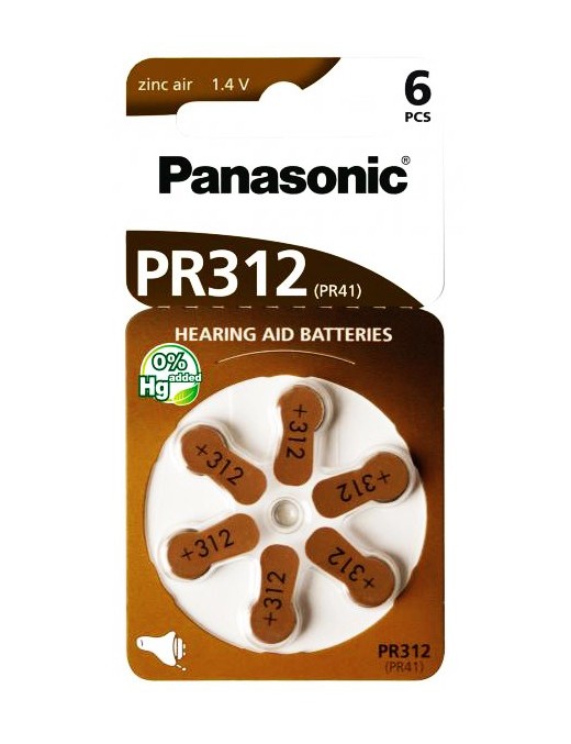 PANASONIC μπαταρίες ακουστικών βαρηκοΐας PR312, mercury free, 1.4V, 6τμχ