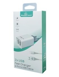 POWERTECH Φορτιστής τοίχου & καλώδιο Micro USB PT-775, 2x USB, 2.1A