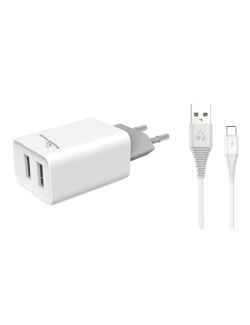 POWERTECH Φορτιστής τοίχου & καλώδιο USB Type-C PT-776, 2x USB, 2.1A