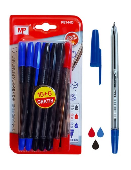 MP στυλό διαρκείας PE144O, 1mm, μπλε, μαύρο & κόκκινο, 21τμχ