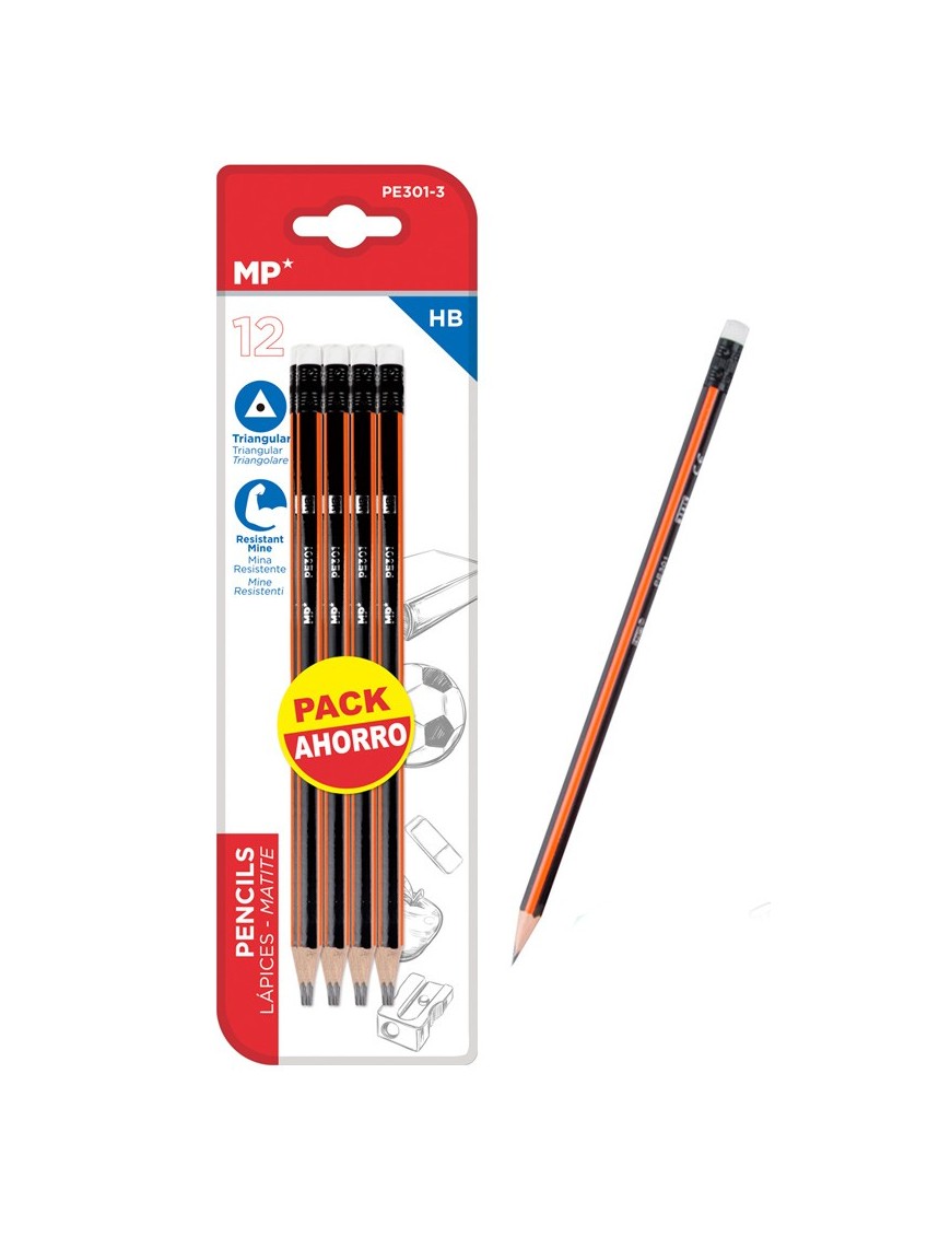MP ξύλινο μολύβι με γόμα PE301-3, τρίγωνο, HB, 12τμχ