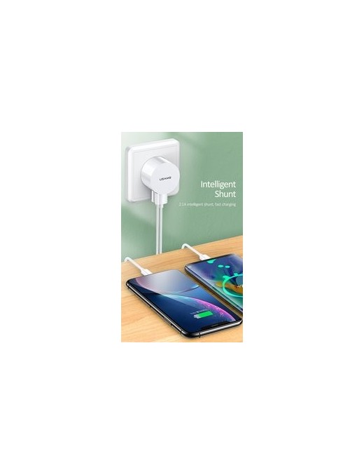 USAMS φορτιστής τοίχου T20 & καλώδιο type-C, 2x USB, 2.1A, λευκός
