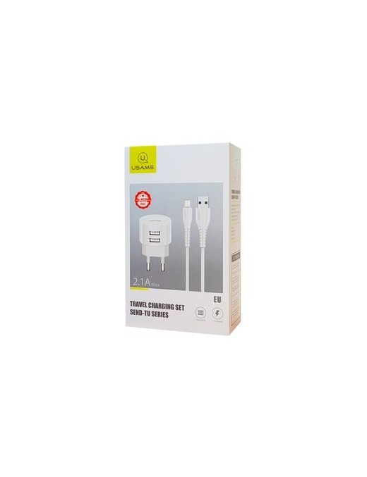 USAMS φορτιστής τοίχου T20 & καλώδιο Micro USB, 2x USB, 2.1A, λευκός