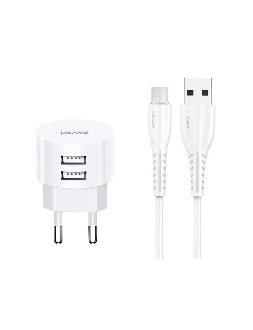 USAMS φορτιστής τοίχου T20 & καλώδιο Micro USB, 2x USB, 2.1A, λευκός