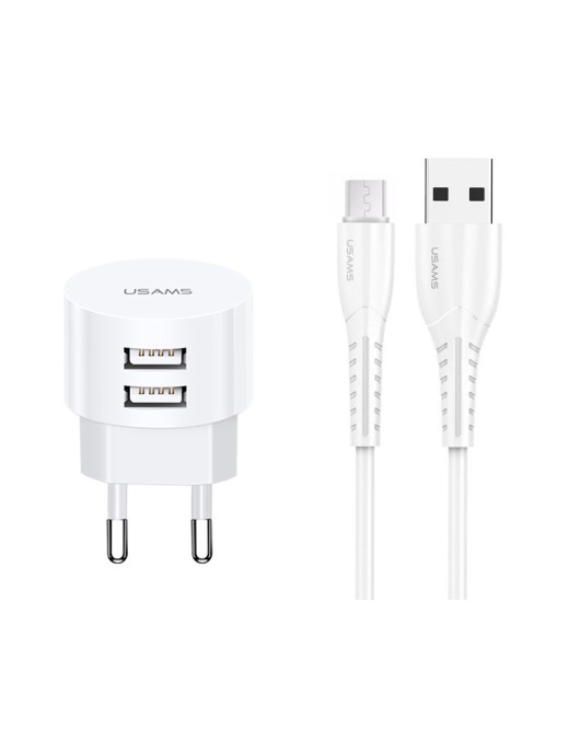 USAMS φορτιστής τοίχου T20 & καλώδιο Micro USB, 2x USB, 2.1A, λευκός