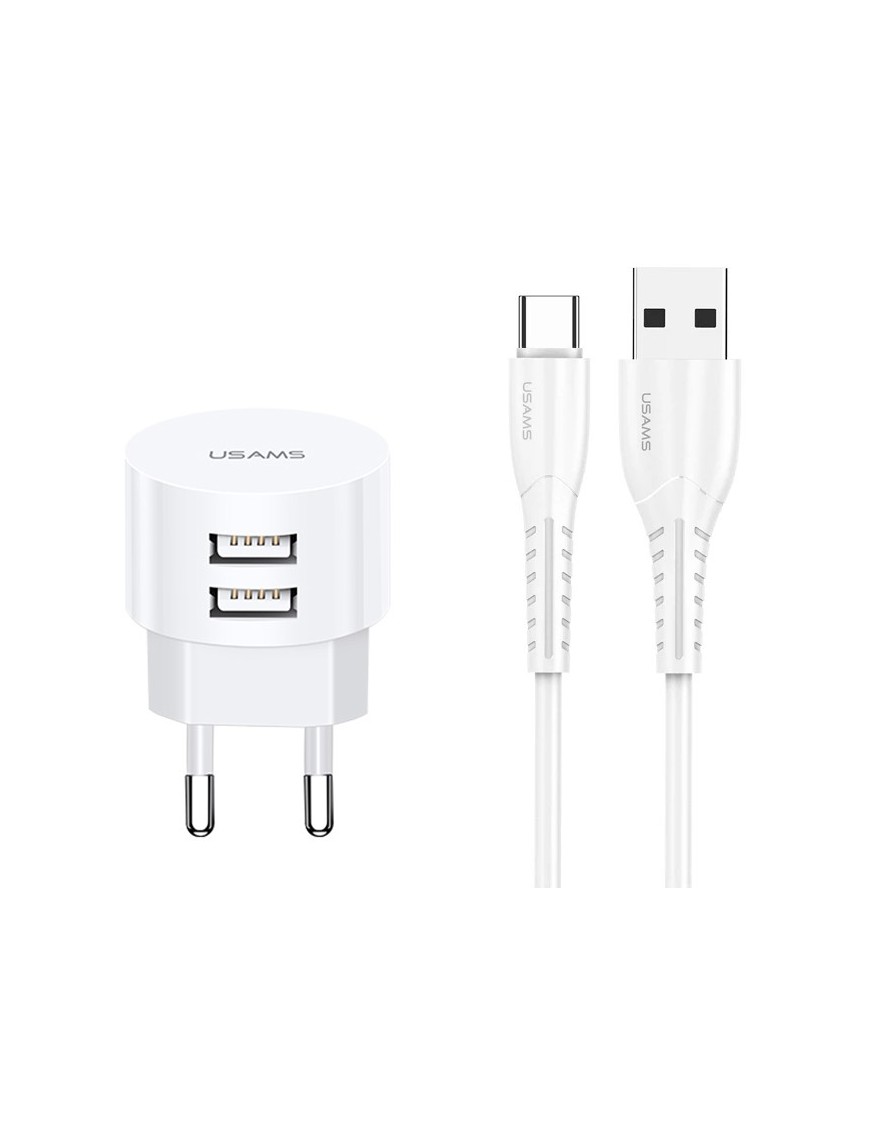USAMS φορτιστής τοίχου T20 & καλώδιο type-C, 2x USB, 2.1A, λευκός