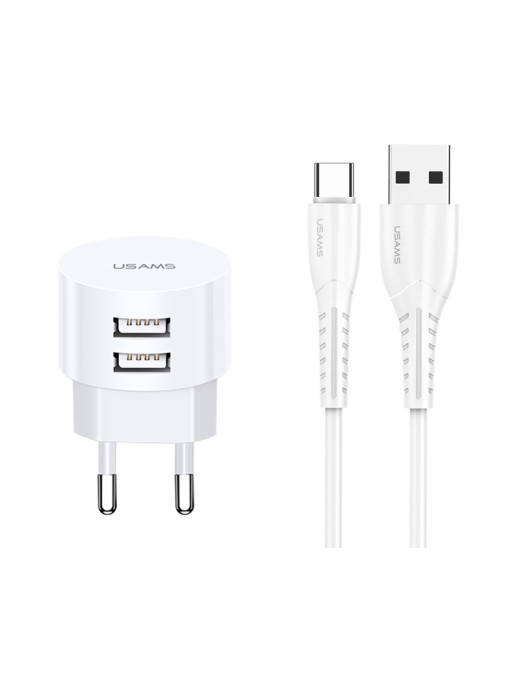 USAMS φορτιστής τοίχου T20 & καλώδιο type-C, 2x USB, 2.1A, λευκός
