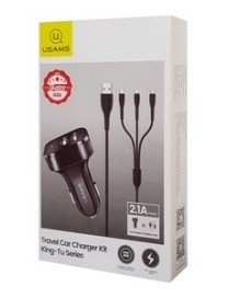 USAMS φορτιστής αυτοκινήτου C13 & καλώδιο 3 σε 1, 2x USB, 2.1A, μαύρο