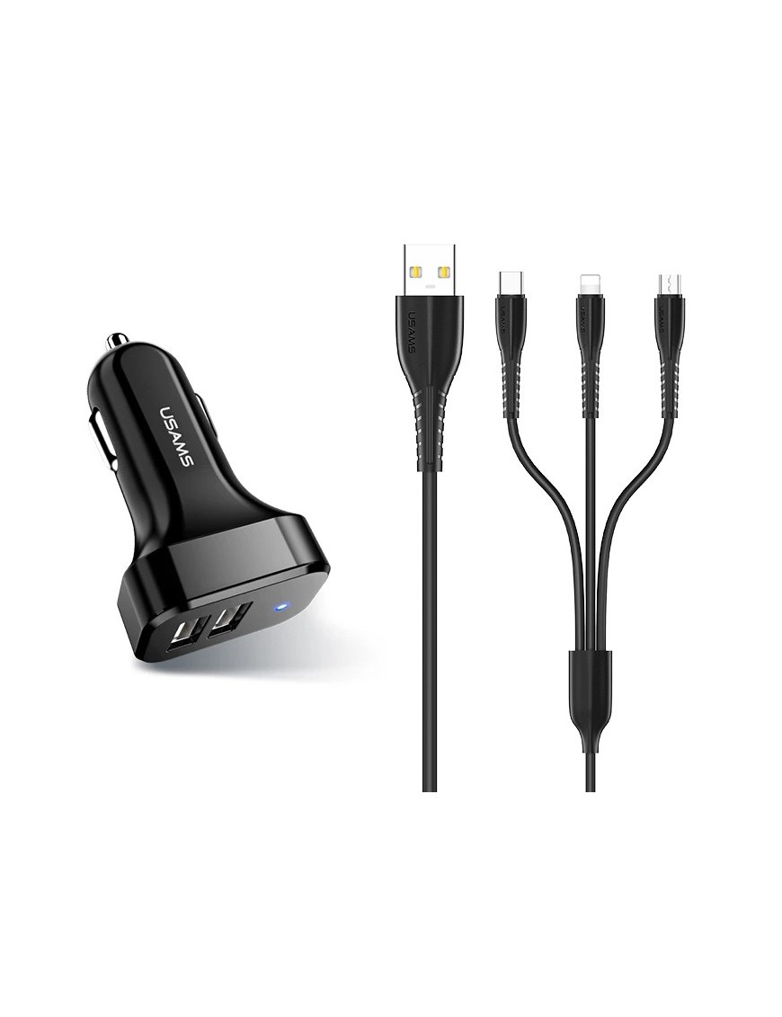 USAMS φορτιστής αυτοκινήτου C13 & καλώδιο 3 σε 1, 2x USB, 2.1A, μαύρο