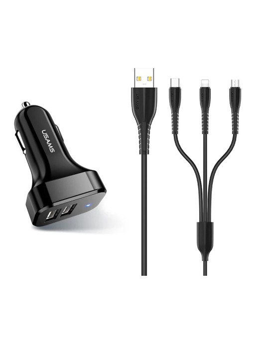USAMS φορτιστής αυτοκινήτου C13 & καλώδιο 3 σε 1, 2x USB, 2.1A, μαύρο