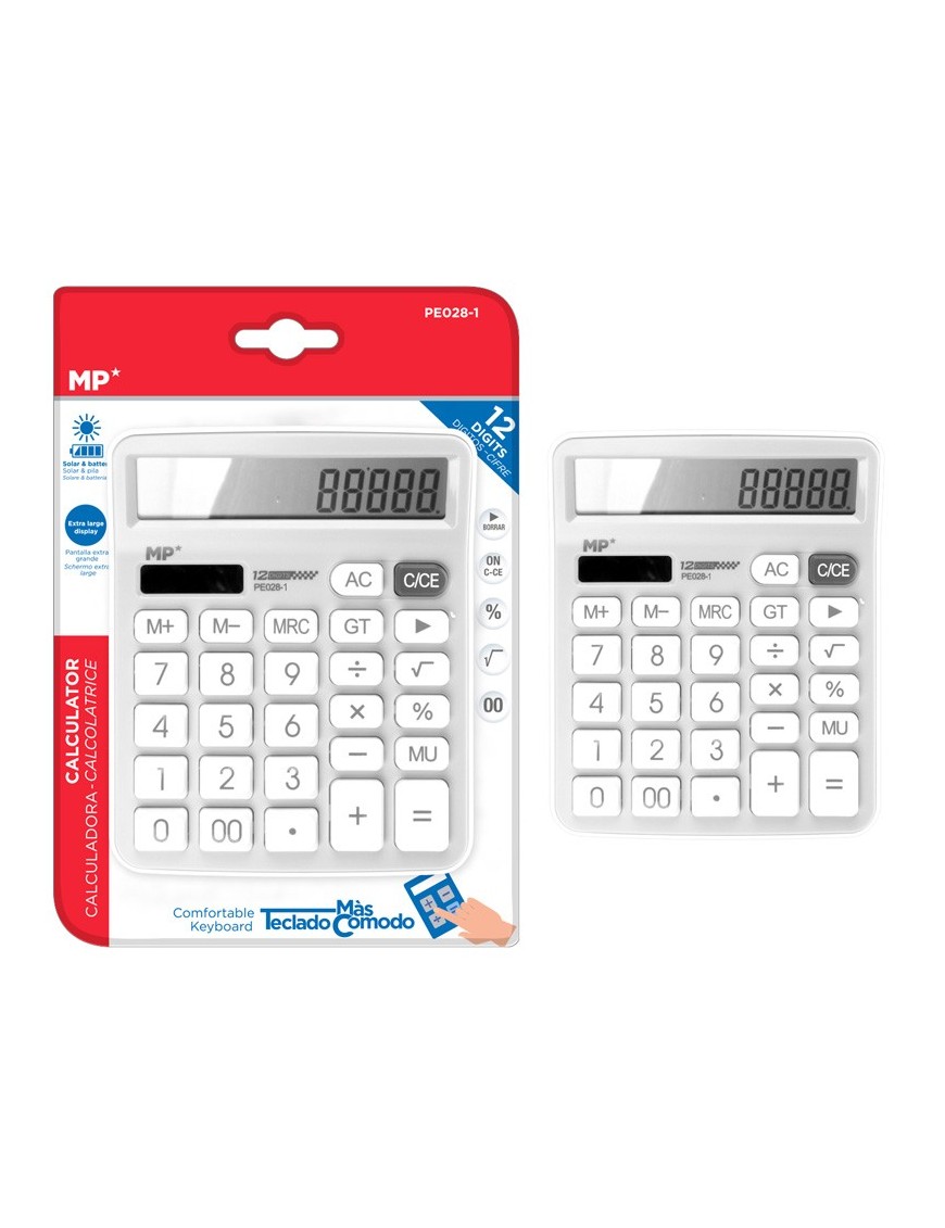 MP αριθμομηχανή PE028, ηλιακό & μπαταρίες, 12 ψηφία, λευκή