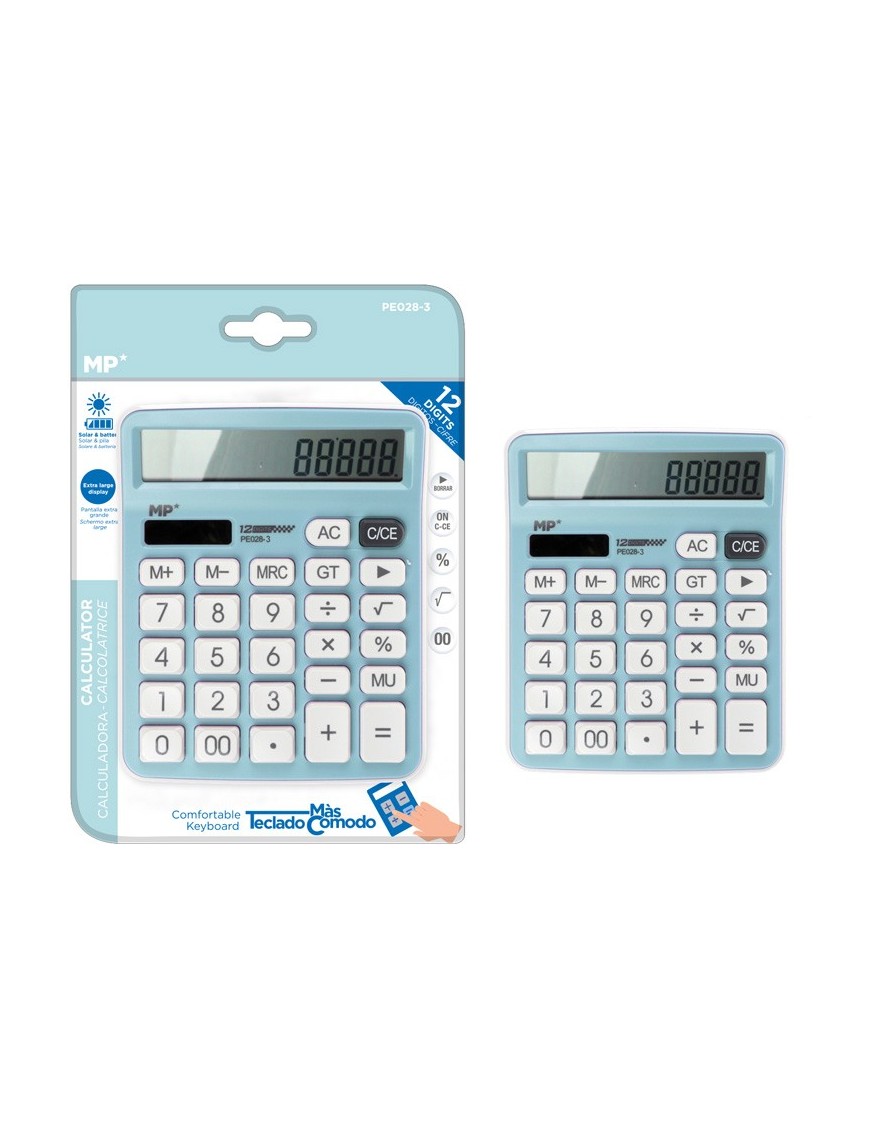 MP αριθμομηχανή PE028, ηλιακό & μπαταρίες, 12 ψηφία, γαλάζια