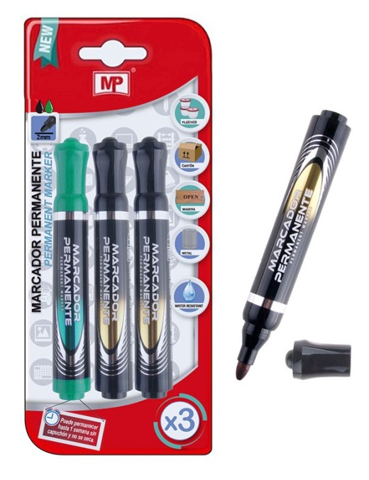 MP ανεξίτηλος μαρκαδόρος PE510-03, 2mm, 2x μαύρο 1x πράσινο
