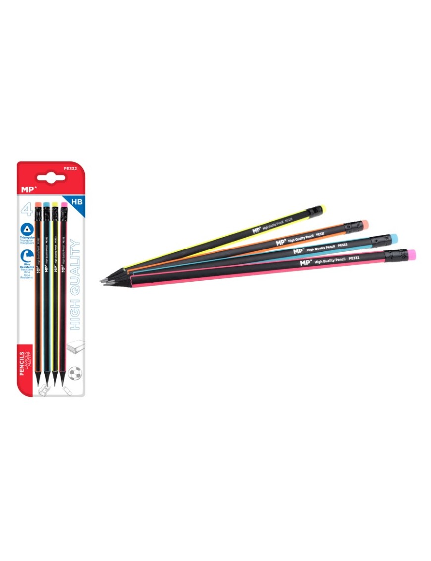 MP ξύλινο μολύβι με γόμα PE332, τρίγωνο, HB, 4τμχ