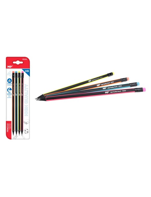 MP ξύλινο μολύβι με γόμα PE332, τρίγωνο, HB, 4τμχ