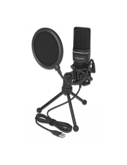 DELOCK Mικρόφωνο studio με pop φίλτρο & αντιανέμιο 66331, πυκνωτικό, USB