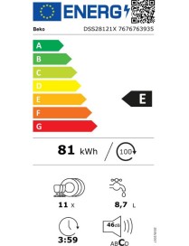 Beko DSS 28121 X Εντοιχιζόμενο Πλυντήριο Πιάτων για 11 Σερβίτσια Π44.8xY82εκ. Λευκό