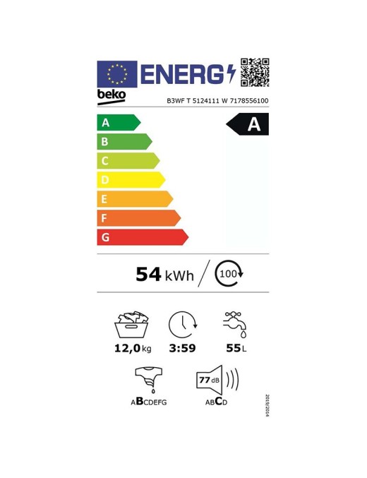 Beko B3WF T 5124111 W Πλυντήριο Ρούχων 12kg 1400 Στροφών