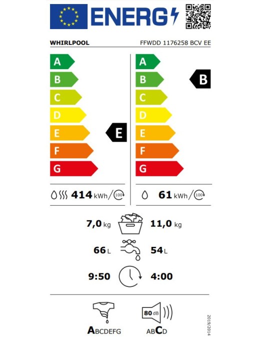 Whirlpool FFWDD 1176258 BCV EE Πλυντήριο-Στεγνωτήριο Ρούχων 11kg/7kg Ατμού 1600 Στροφές