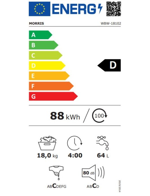Morris WBW-18102 Πλυντήριο Ρούχων 18kg με Τεχνολογία Ατμού 1000 Στροφών