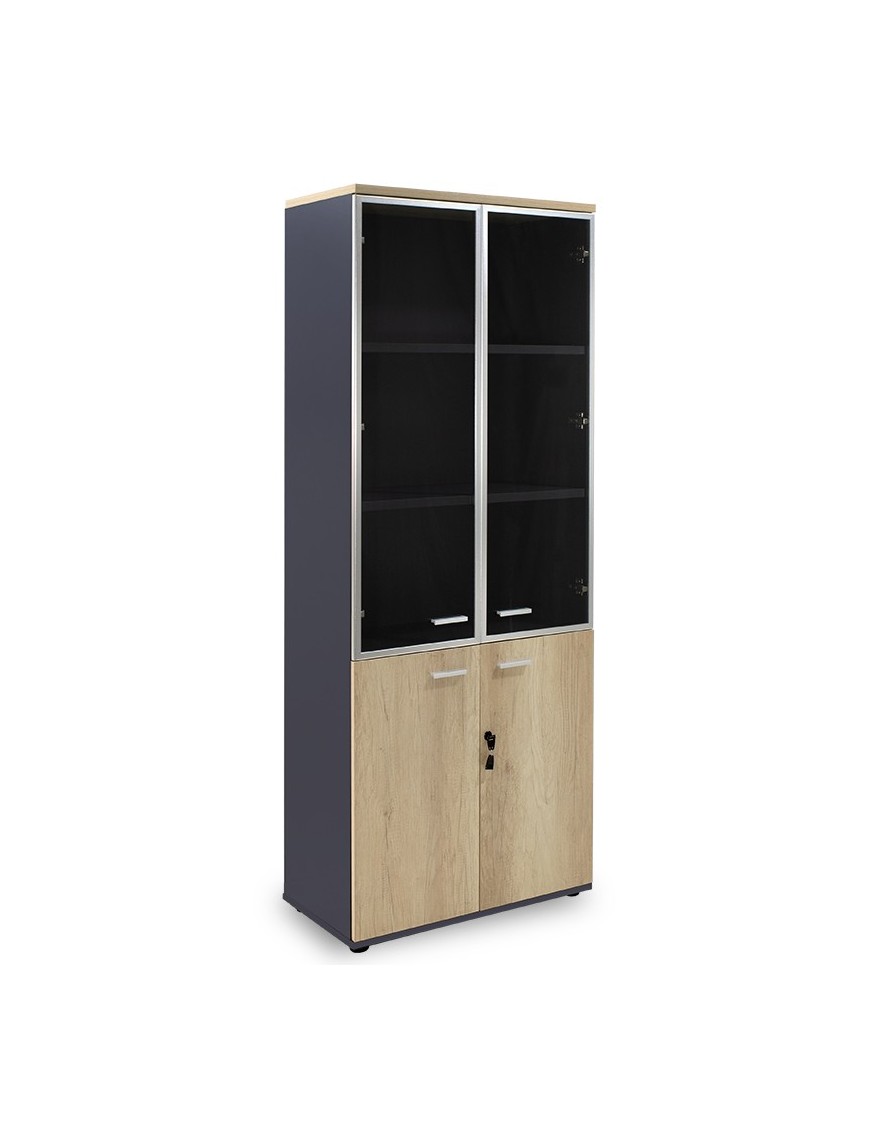 Ντουλάπα γραφείου με γυάλινες πόρτες Lotus pakoworld χρώμα φυσικό - ανθρακί 80x40x200εκ