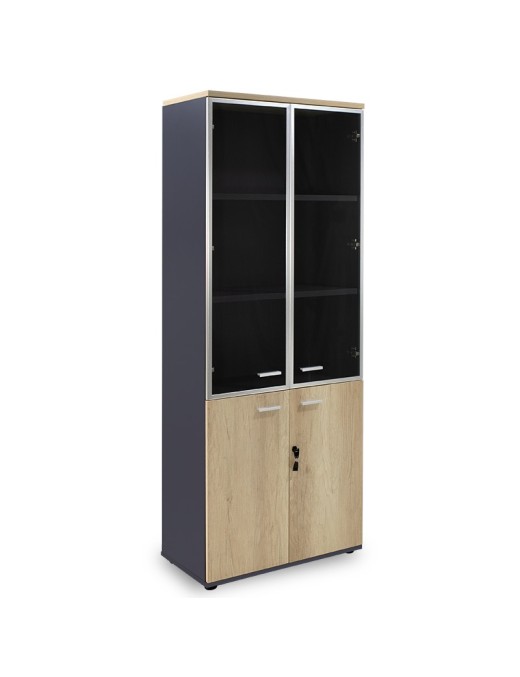 Ντουλάπα γραφείου με γυάλινες πόρτες Lotus pakoworld χρώμα φυσικό - ανθρακί 80x40x200εκ