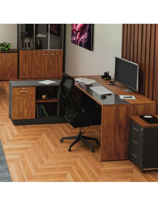 Γραφείο επαγγελματικό με αριστερή γωνία Oscar pakoworld καρυδί-ανθρακί 220x180x76εκ
