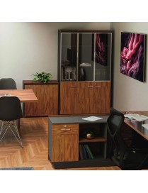 Ντουλάπα γραφείου επαγγελματική με γυάλινες πόρτες Oscar pakoworld καρυδί-ανθρακί 120x40x200εκ