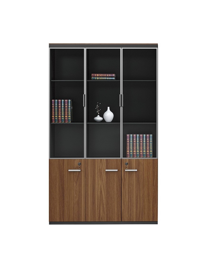 Ντουλάπα γραφείου επαγγελματική με γυάλινες πόρτες Oscar pakoworld καρυδί-ανθρακί 120x40x200εκ