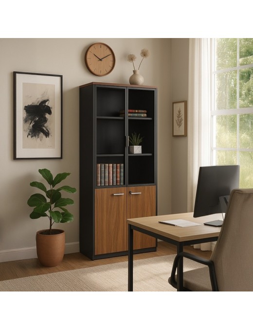 Ντουλάπα γραφείου επαγγελματική με γυάλινες πόρτες Oscar pakoworld καρυδί-ανθρακί 80x40x200εκ