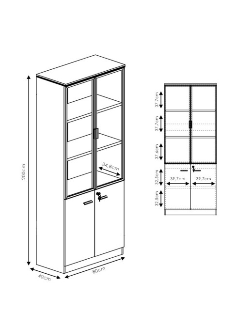 Ντουλάπα γραφείου επαγγελματική με γυάλινες πόρτες Oscar pakoworld καρυδί-ανθρακί 80x40x200εκ