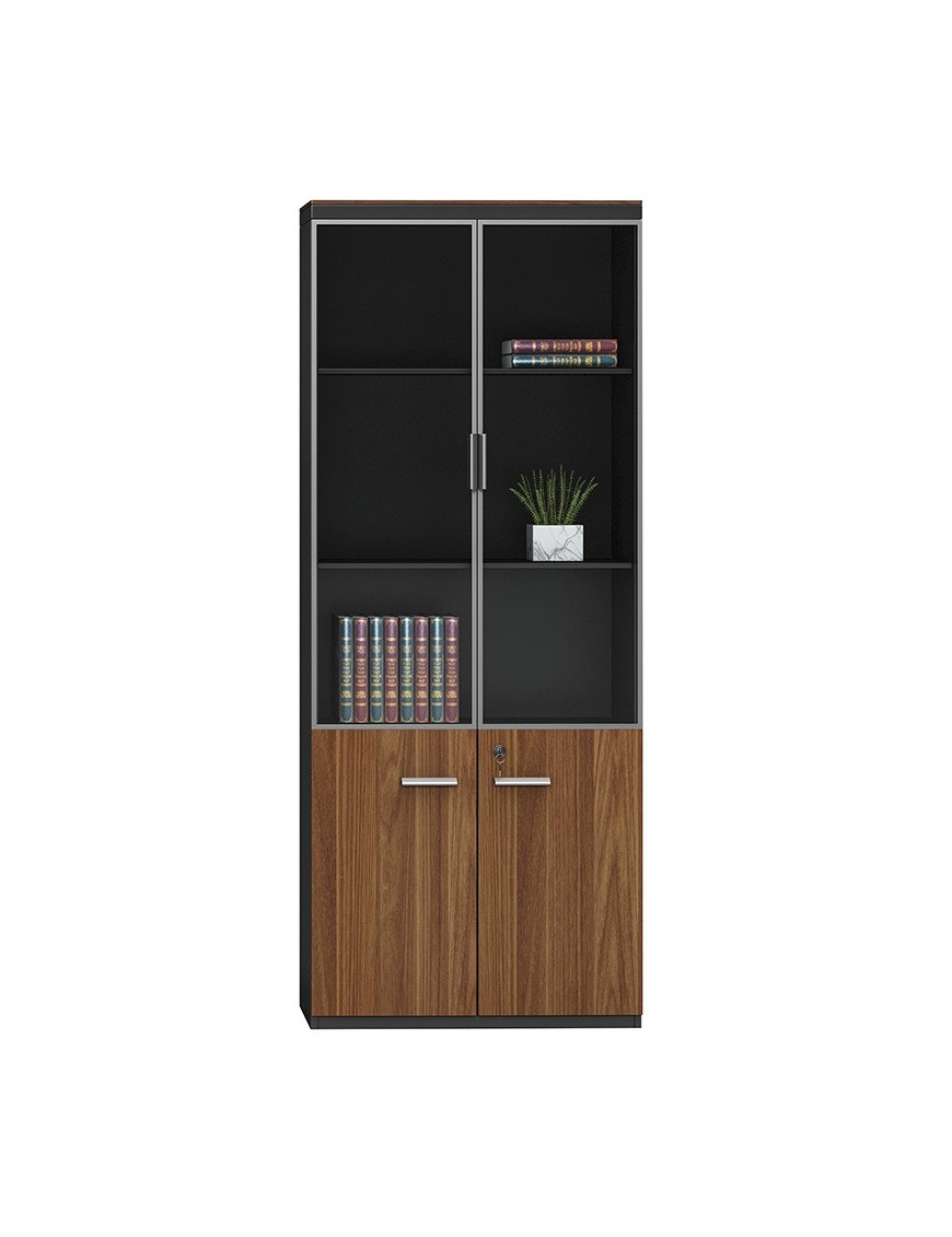 Ντουλάπα γραφείου επαγγελματική με γυάλινες πόρτες Oscar pakoworld καρυδί-ανθρακί 80x40x200εκ